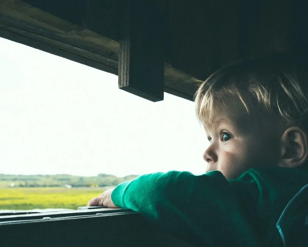 Enfant qui observe les oiseaux au Marais d'Orx à Labenne, Landes