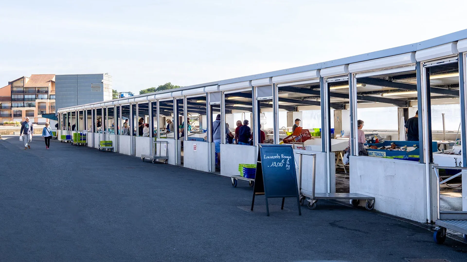 Marché aux poissons de Capbreton sous un soleil matinal.
